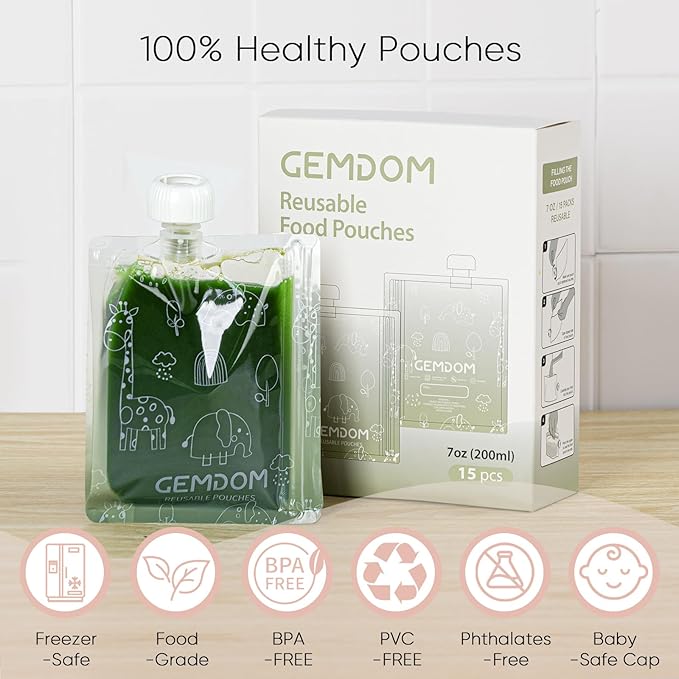 15 Pack Reusable Baby Food Pouches for Toddlers, 7oz/200ml Refillable Squeeze Pouch for Applesauce Yogurt Homemade Organic Puree Juice Snack for Baby Kids Students, BPA Free, Animal Print