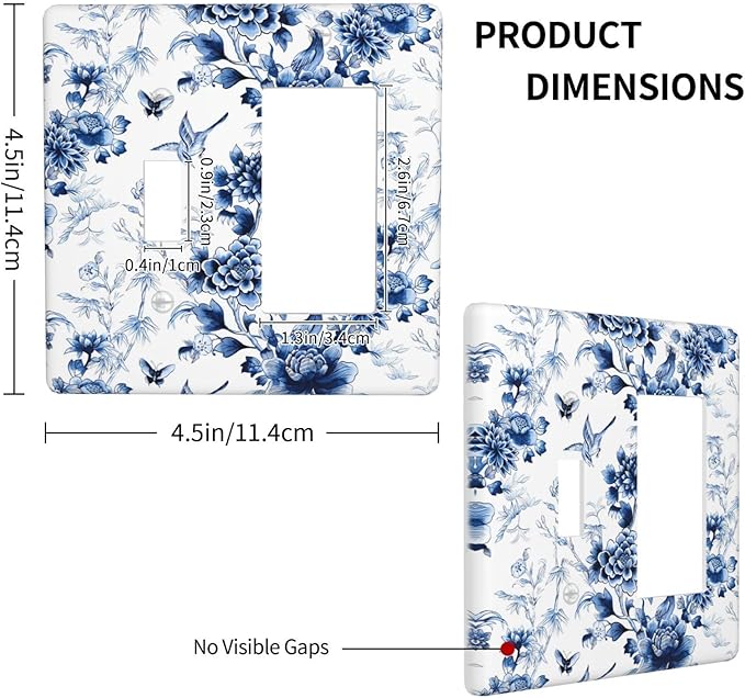 Blue Flower White Floral Plant Bird Butterfly Outlet Covers 1 Toggle 1 Rocker Combination Decorative Wall Plate Electrical Switch Plates Light Switch Cover Plate for Bedroom Living Room Decor