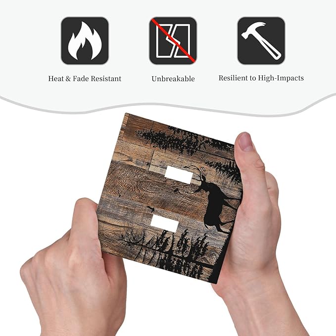 Decorative Switch Plates Rustic Forest Antler Elk Deer Silhouettes Animals Wood Grain 2 Gang Double Toggle Wall Plate Outlet Light Switch Cover Electrical Faceplate for Farmhouse Home Decor