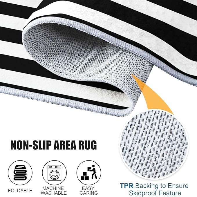 Geometric Horizontal Stripes Area Rug Black and White Rugs 3 x 4 ft Washable Carpet, Soft Fluffy Runner Anti-Slip Bedroom Living Room Home Office Decor Large Carpet
