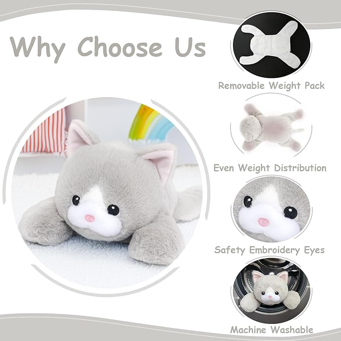 WEIGEDU Weighted Cat Stuffed Animal Plush Toy with Embroidered Eyes and Removable Weight Pack - 20 Inches, 2.3 lbs for Kids and Adults