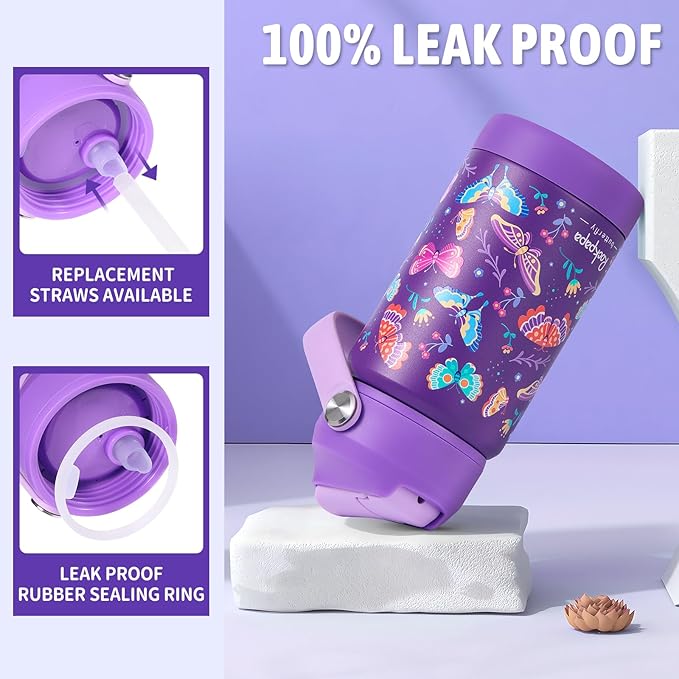 rockpapa 14 oz Kids Insulated Water Bottle，Stainless Steel Toddler Cups with Straws, BPA Free, Leak-Proof, Kids Water Bottle for School Boys& Girls (Purple Butterfly)