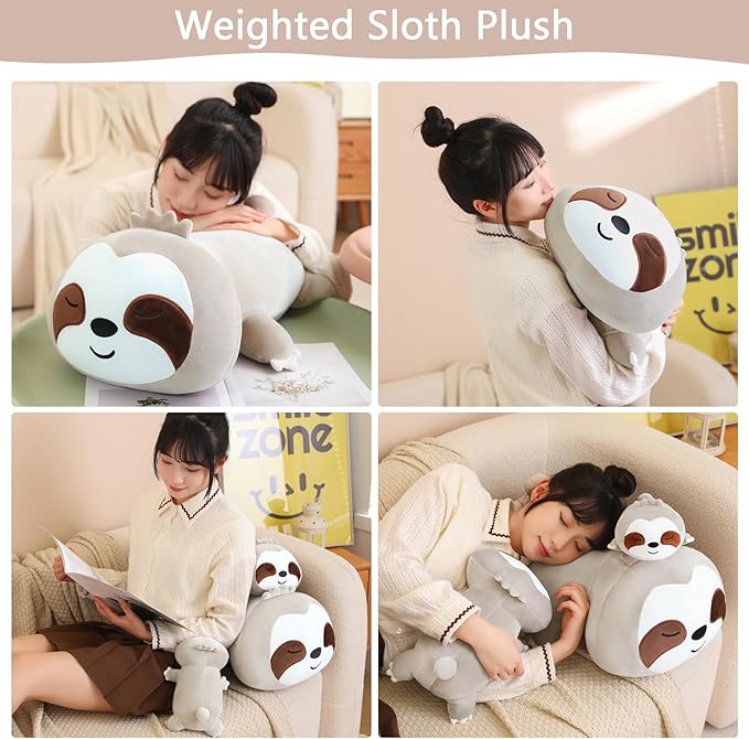 SQEQE Weighted Sloth Plush, Weighted Sloth Stuffed Animal, Cute Plushies Pillow Toy Gift for Kids Adults Brown 13.8 Inch, 1.6 Lbs