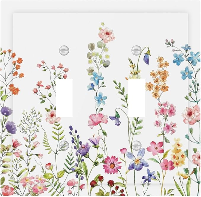 Boho Watercolor Wildflowers Floral Plants Flower Decorative Switch Plates 2 Gang Double Toggle Outlet Light Switch Cover Wall Plate Electrical Faceplate for Bedroom Living Room Decor