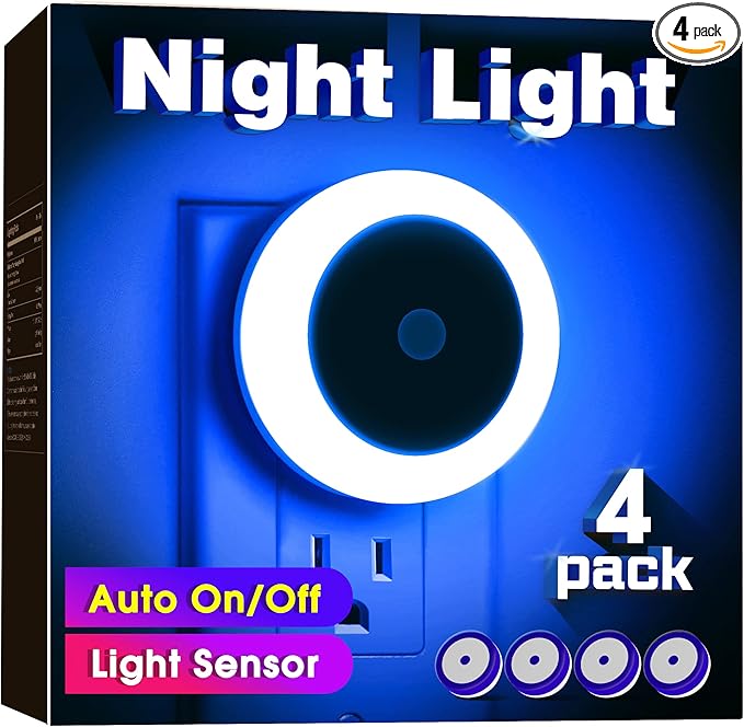 Briignite 4 Pack Blue Night Light, LED Night Lights for Kids, Plug in Nightlight, Light Sensor Night Lights, Smart Night-Light, Hallway Lights, Wall Light, Nightlight for Adult, Blue Light, 0.6W 60LM