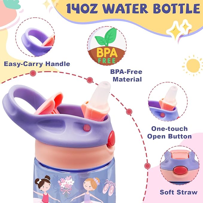 14oz Ballet Kids Water Bottle with Straw Lid - Ballerina Water Bottles for Kids, Leakproof, Lightweight, Durable Plastic Bottles for School, Pink Ballet Gift Cup for Girls Birthday Gifts