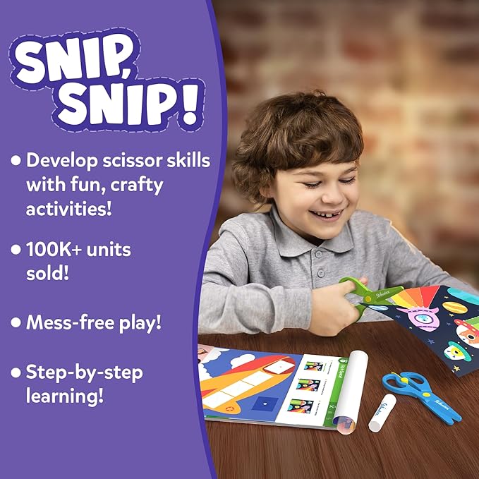 Skillmatics Scissor Skills Activity Book - Snip Snip, 25 Cutting Activities for Preschoolers, Felt Craft Kit, 2 Child-Safe Scissors, Fine Motor Skills, Screen-Free Fun, Gifts for Kids Ages 3-7