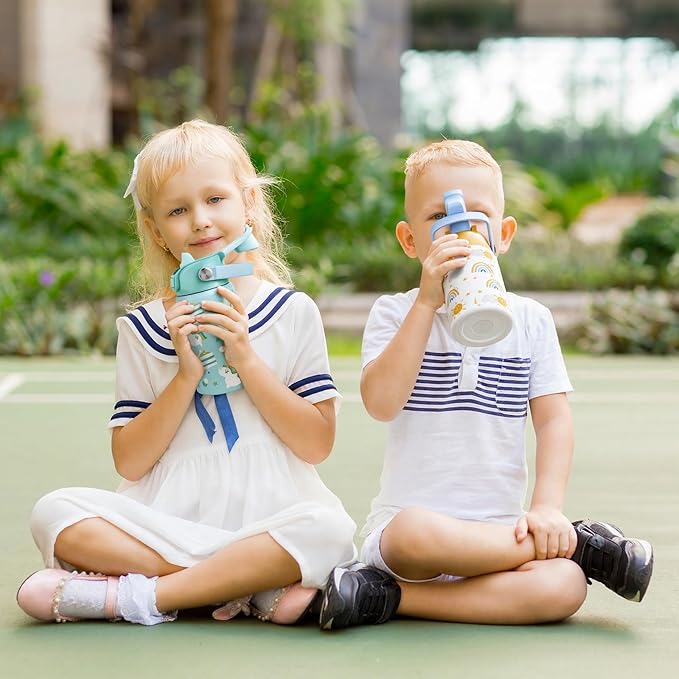 Kids Water Bottle for School 12 oz,Insulated Stainless Steel Water Bottle for Kids,Water Bottles for Toddler Girls Boys with Pop-Up Straw-Cap(Rainbow)