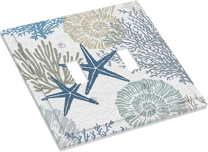 Nautical Anchor Teal Blue Beach Sea Ocean Starfish Coral Seashell Conch Underwater 2 Gang Electrical Double Toggle Outlet Light Switch Wall Plate Decorative Receptacle Face Switchplate Cover Mid Size