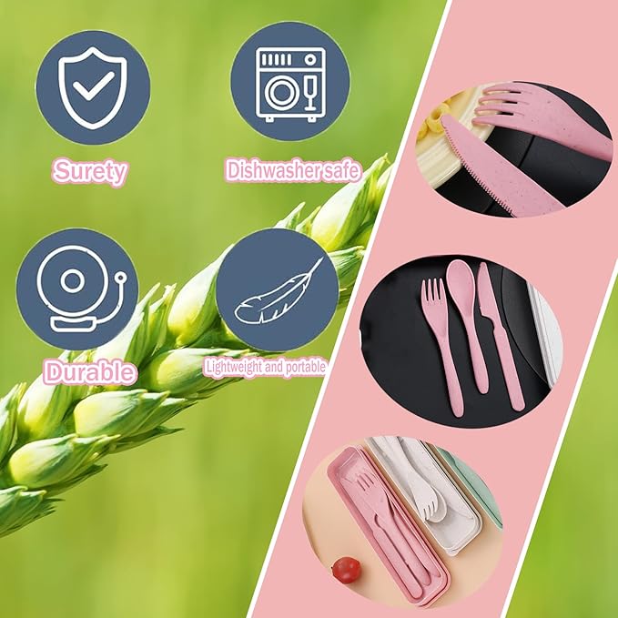 4 Sets Wheat Straw Utensils Reusable Travel Utensils Set,Portable Cutlery Set with Case Spoon Knife Fork Tableware Lunch Box Bulk for Adults Travel Picnic Camping Utensils Gifts (Pink)