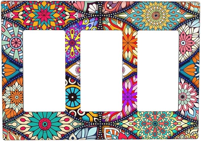Bohemian Triple Rocker Light Switch Plate Covers Decorative Gifi Lightswitch Faceplate colorful Vintage Floral Mandala Flower 3 Gang Decora Wall Plate for Bathroom Kitchen 6.38" X 4.9"