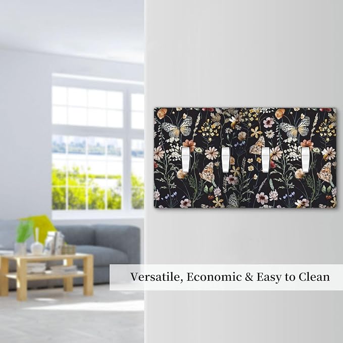 Vintage Flower Leaves Quad Toggle Wall Plates Decorative Butterfly 4 Gang Light Switch Cover Dark Backgrounds Electrical Switchplate Faceplate Butterfly Dimmer Decor for Bedroom Kitchen Bathroom