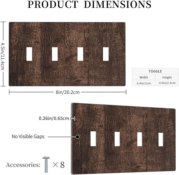 Brown Dark Wood Plank Rustic Vintage Print Light Switch Covers Quad Toggle Electrical Faceplate 4 Gang Wall Plate Decorative Switch Plates for Farmhouse Home Decor