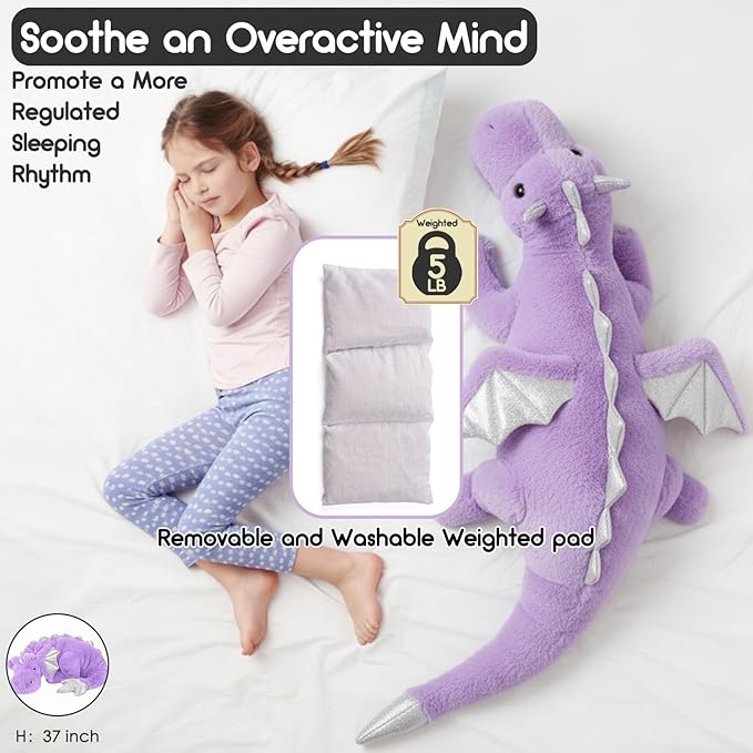 ARELUX Giant Weighted Winged Dragon Plush Toy - 35.4" 5lbs Soft Stuffed Animal for Comfort, Pterosaur Plushie Fuzzy Dinosaur Pillow Plushies Cuddly Removable and Washable Purple