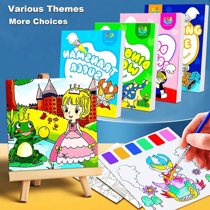 JUNQIU Water Color Paint Sets for Kids, Paint With Water Books for Kids Ages 4-8, Pocket Watercolor Painting Book, Arts and Crafts Kit for Girls Boys Coloring with Brush