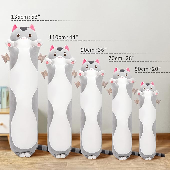 Mewaii Long Cat Plush 5 Sizes, 120% Extra Filling Giant Plushness Kids Body Pillow, Kawaii Cute Grey Cat Stuffed Animals Plushies, Big Long Body Pillow Cat Plush Gift for Girls 44”