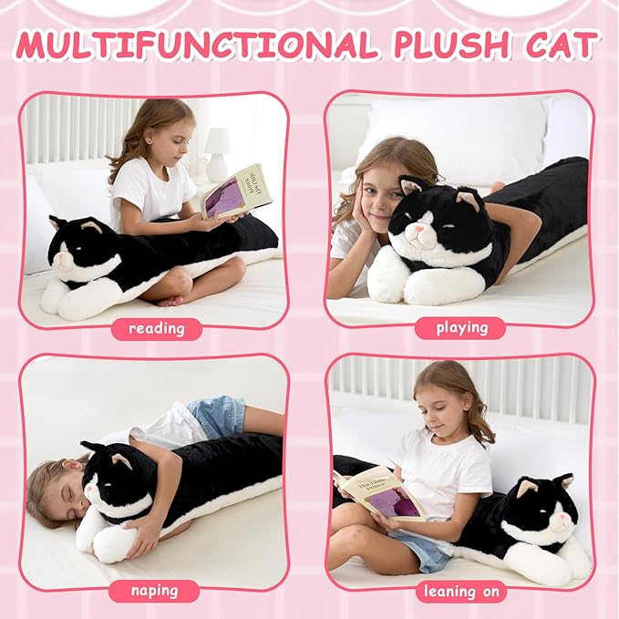48inch Giant Cat Stuffed Animal Pillow, Cute Big Jumbo Black Cat Body Pillow Plush Toy, Large Cat Soft Fluffy Kitty Plushies Gift for Kids Boys Girls & Adult, Birthday