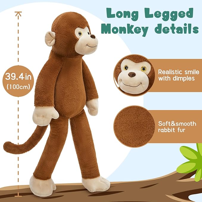 Tezituor 3.2lb Monkey Stuffed Animal Plush Toy, 39.5in Giant Long-Legged Monkey Plushies, Huggable Pillow Birthday Gifts Home Decor for Kids & Adults