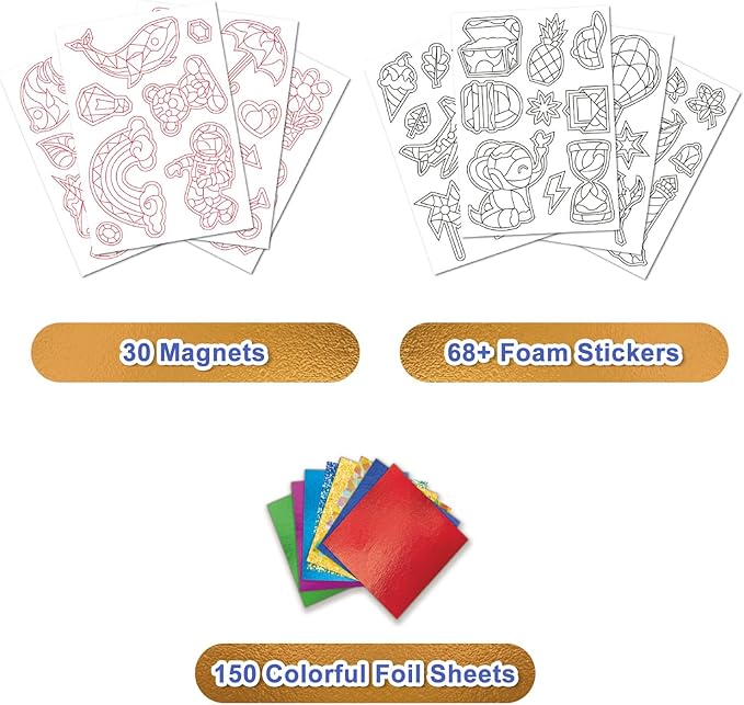 FLUXOJOY Foil Art Craft Kits for Kids, Mess -Free Fun Activity Set for Child, DIY Printing Craft Kit, Mother's Day Party Gifts for Ages 4 5 6 7 8 9 10 11 12 and Up, Art Travel Toys for Boys Girls