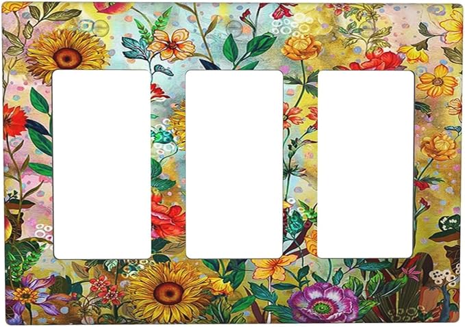 Fall Colorful Sunflower Floral 3 Gang Wall Plate Triple Rocker Light Switch Cover Decorative Switch Plates Outlet Covers Electrical GFCI Faceplate for Bedroom Bathroom Kitchen Art Decor Accessories