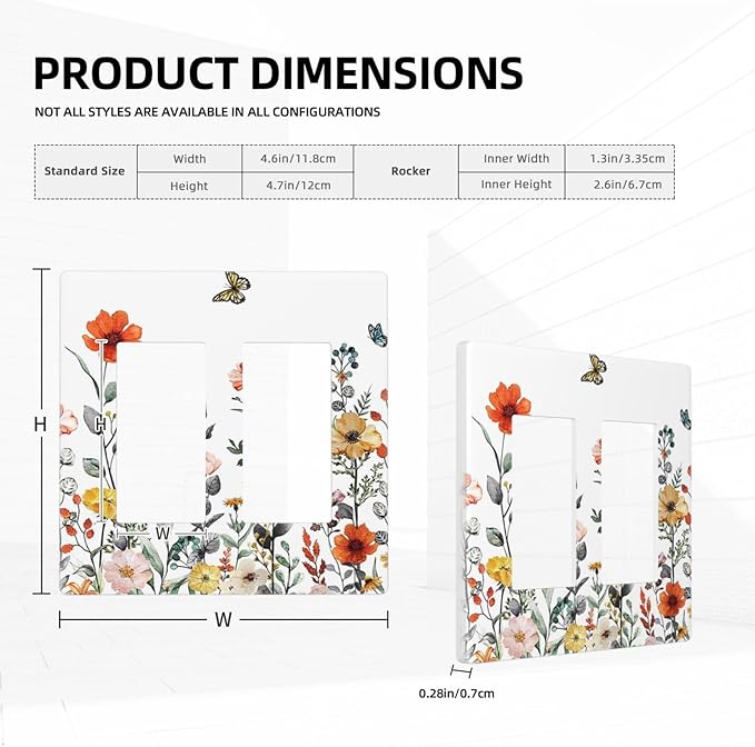 Vintage Colorful Floral Butterfly Wild Flower 2 Gang Double Decorator GFCI/Rocker Wall Plate Spring Nature Blossom Border Electrical Outlet Decorative Receptacle Cover Light Switch for Dimmer, USB