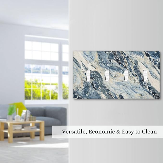 Light Switch Covers Blue Grey Marbling Modern Abstract Design Quad Toggle 4 Gang Wall Plate Electrical Faceplate Decorative Switch Plates for Bedroom living Room Decor