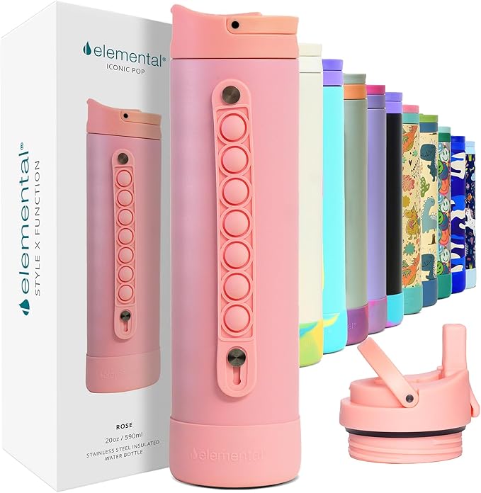Elemental Iconic Kids Water Bottle for School - 100% Leak-Proof Insulated Water Bottles with Straw Lid & Pop-It Handle for Boys & Girls - Triple-Wall Insulated & BPA-Free, 20oz – Rose