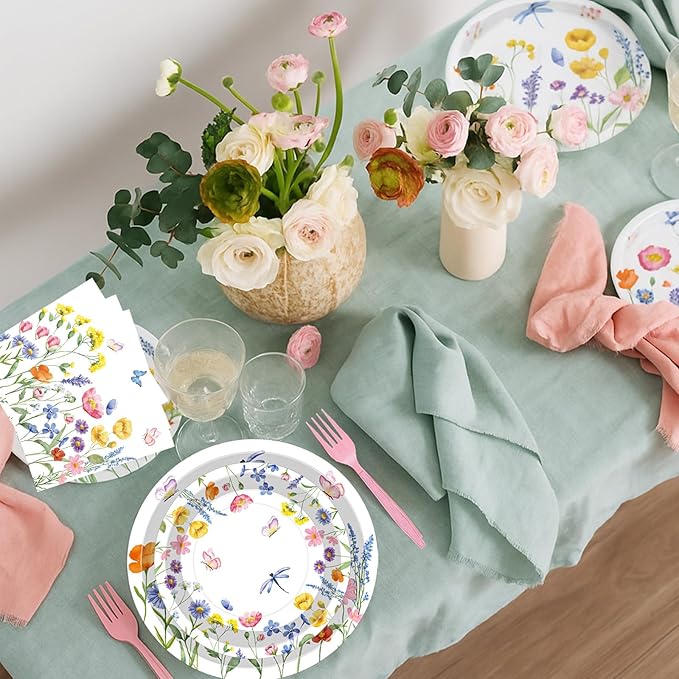 100 Pcs Spring Floral Party Supplies Set, Serves 25 – Disposable Flower Paper Plates, Napkins, and Forks, Garden Bloom Themed Tableware for Picnic, Tea Party, Birthday, and Mother’s Day Decorations