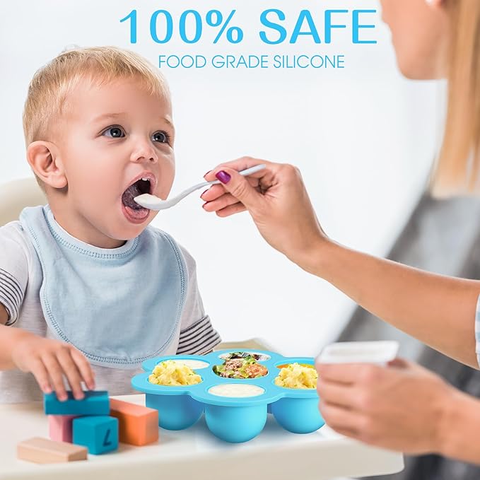 Potchen 4 Pcs Silicone Baby Food Freezer Tray with Lid Stackable Reusable 2.5oz Silicone Baby Food Freezer Molds Storage Tray for Homemade Egg Bite Vegetable Fruit Purees Breastmilk(Blue)