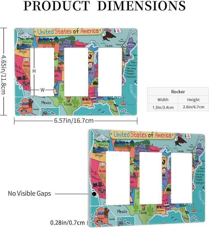 American Map 3 Gang Triple Rocker/Decor Light Switch Wall Plate Cover Decorative Electrical Faceplate for Kids Living Room Bedroom Decor Screwless 6.57" x 4.65