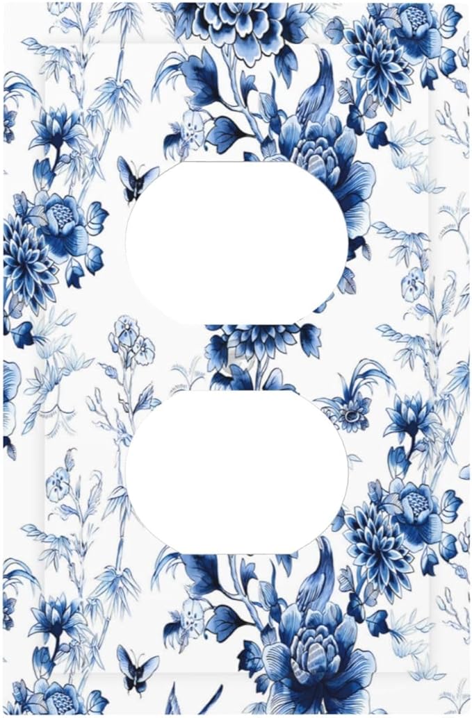 Blue Flower White Floral Plant Bird Butterfly Outlet Covers 1 Gang Duplex Light Switch Cover Decorative Switch Plates Electrical Receptacle Faceplate Wall Plate for Bedroom Living Room Decor