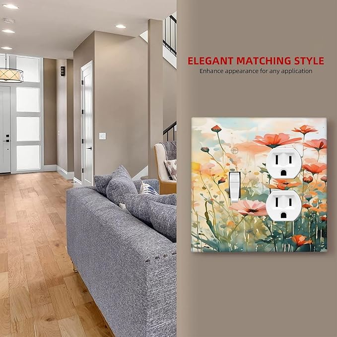 Vintage Red Orange Yellow Poppy Floral Flowers Wallplates 1 Toggle 1 Duplex Switch Plate Electrical GFCI Faceplate Decorative Light Switch Covers for Bedroom Living Room Decor