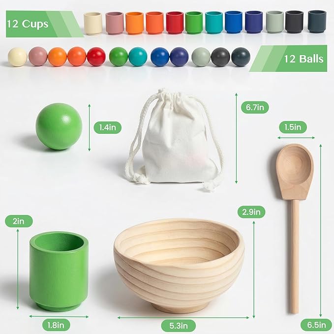Rainbow Balls in Cups Toddler Montessori Toys for 3 Year Old Up, Kids Preschool Wooden Matching Games for Learning Color Sorting and Counting