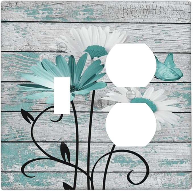Teal White Daisy Flower Butterfly On Rustic Wood Board Wallplates 1 Toggle 1 Duplex Switch Plate Electrical GFCI Faceplate Decorative Light Switch Covers for Farmhouse Bedroom Decor