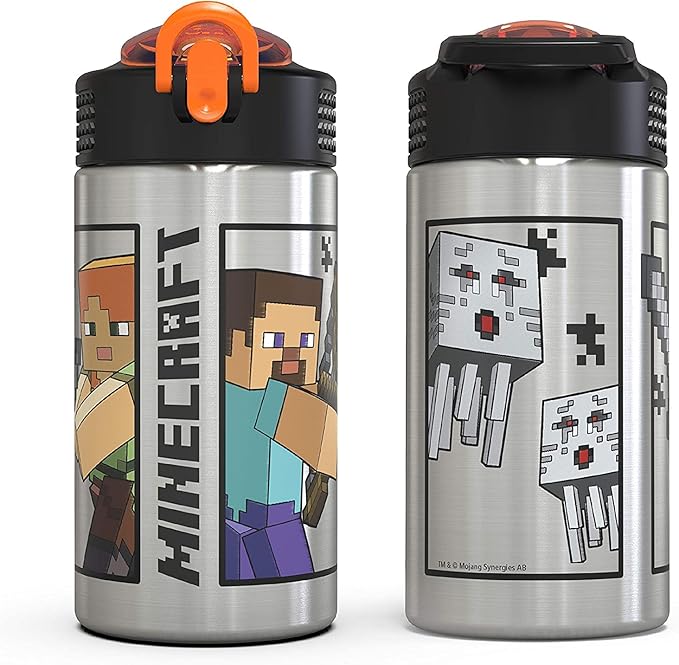Zak Designs Minecraft - 15.5 oz Singal Wall Stainless Steel Water Bottle with One Hand Operation Action Lid and Built-in Carrying Loop, with Straw Spout is Perfect for Kids (Small)