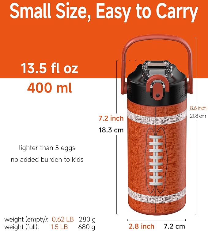 MYFOREST 14oz/400ml Insulated Kids Water Bottle, Odor-Free Surgical Grade Liner, Dishwasher-Safe, Name Spot, Soft Sipper, Gift for Sports Fan (American Football 2)