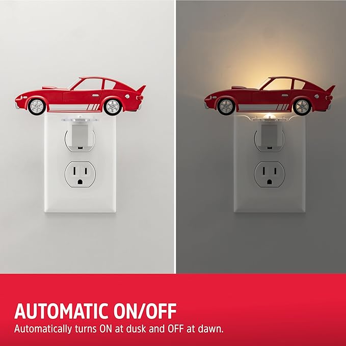 Energizer Race Car Night Light, Light Sensing, LED, Soft White, 3000K, Red, Nightlight for Bedroom, Bathroom, Nursery, Hallway, Kitchen, 1pk, 82404