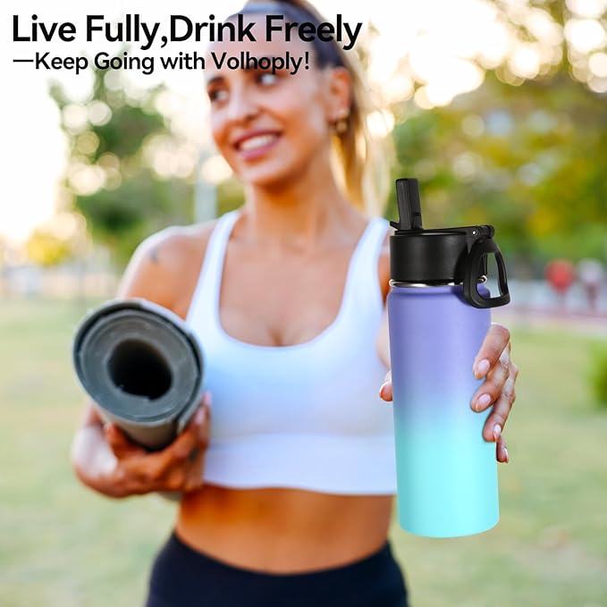 Volhoply Kids Insulated Water Bottle with Straw,16oz Stainless Steel Cold Water Bottles for School,BPA-Free Metal Wide Mouth Cups with Handle,Reusable Double Wall Vacuum Sport Flask(Purple Blue,1)