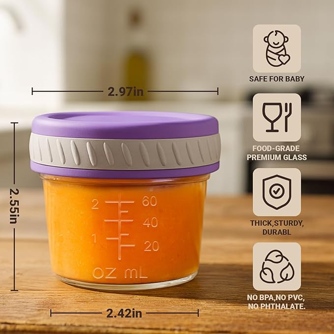 Sursip Glass Baby Food Storage Containers, 4 oz Small Mason Jars with Lids, Airtight for Baby Puree Containers, Juice, Milk, Yogurt, Overnight Oats, Mini Toddler Snack Cups - 8 Pack