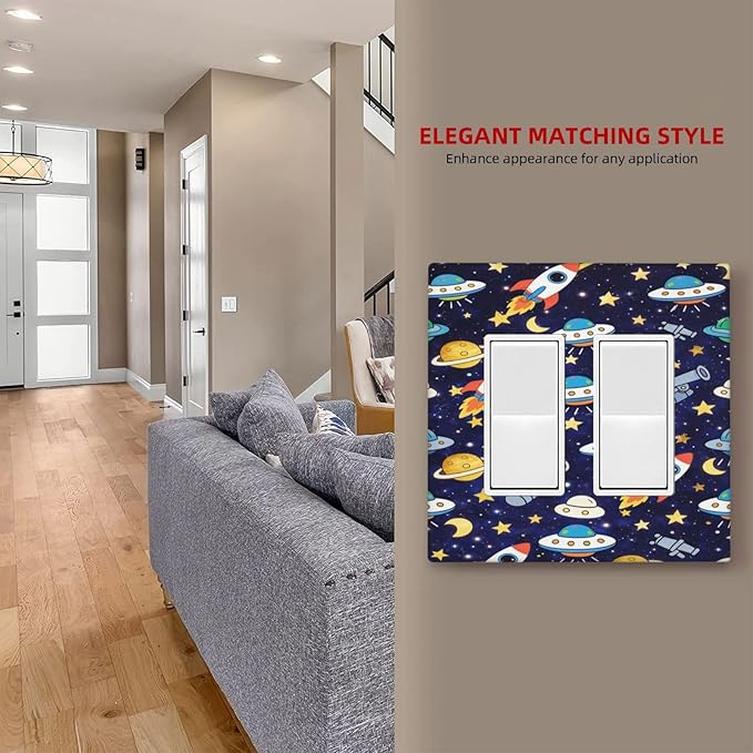 Decorative Outlet Covers Blue Space-themed Rocket Spaceship 2 Gang Light Switch Cover Plate Double Rocker Wall Plates for Electrical Outlets Switch Plate Covers for Children's Room Decor
