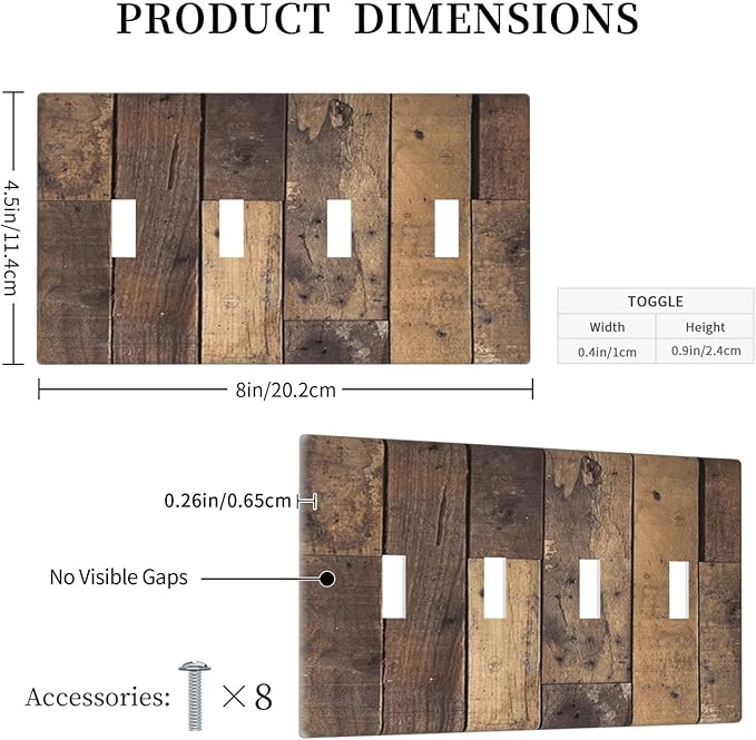 Cool Brown Wood Style Vintage Rustic Print Light Switch Covers Quad Toggle Electrical Faceplate 4 Gang Wall Plate Decorative Switch Plates for Farmhouse Home Decor