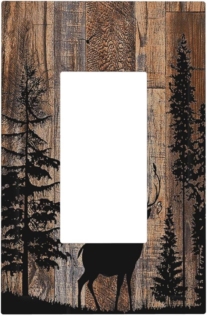 Decorative Outlet Covers Rustic Forest Antler Elk Deer Silhouettes Animals Wood Grain 1 Gang Single Rocker Light Switch Cover Plate Wall Plates GFCI Faceplate for Farmhouse Home Decor