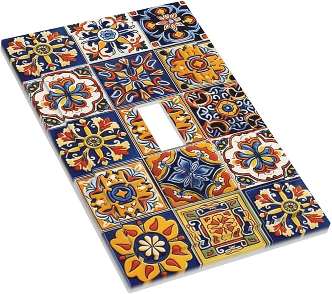 Mexican Talavera Tiles Flower Vintage Decorative Light Switch Cover 1 Gang Single Toggle Device Electrical Faceplate Switchplates Decorator Outlet Wall Plate for Kitchen Bathroom Decor