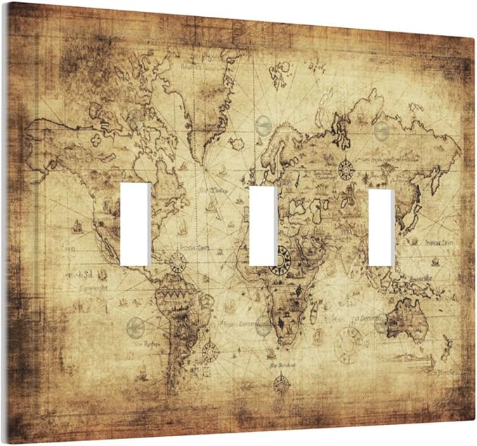 Old World Ocean Map 3 Gang Light Switch Plate Decorative Triple Toggle Wall Plate Cover Electrical Faceplate for Bathroom Home Living Room Decorate