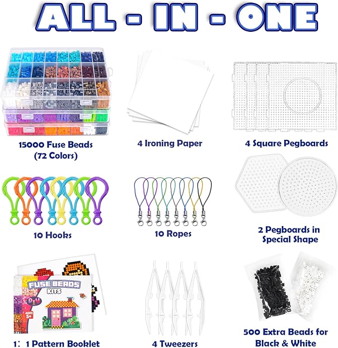 FUNZBO 15000+ 5mm Fuse Beads Kit - 72 Colors | 66 Patterns, Arts and Crafts for Kids, Art Decorations for Room, Birthday Toys Gifts for Girls, Boys and Teens Age 5+ Years Old