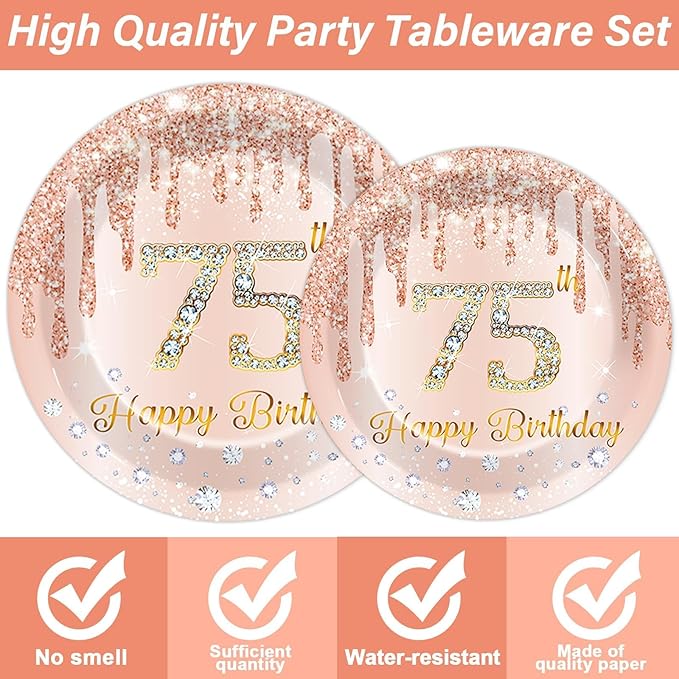 96 Pcs Rose Gold 75th Birthday Party Plates and Napkins for Girls Rose Gold Party Supplies Pink Happy 75 Years Birthday Party Tableware Set for 24 Guests Party Decorations
