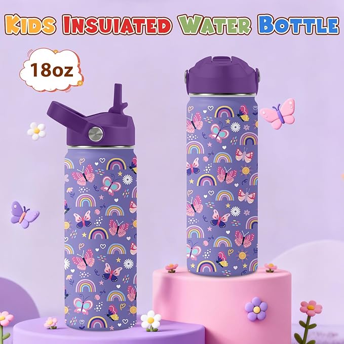 Butterfly Gifts - 18oz Purple Kids Water Bottle with Straw Lid, Stainless Steel Insulated Bottle, Leakproof, BPA-Free, for Girls, School, Travel - Butterfly Rainbow Themed Birthday Gift Cup (1pc)