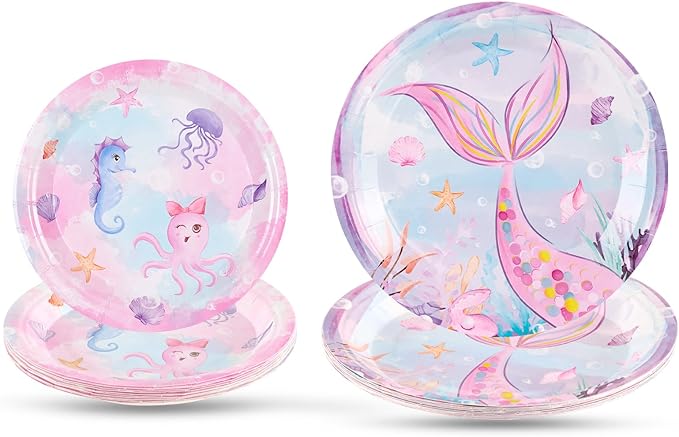 WERNNSAI Mermaid Paper Plates - 100 PCS Mermaid Birthday Decorations Under The Sea Party Tableware Plate for Girls Baby Shower Pool Beach Picnic Park Party Serves 50 Guests