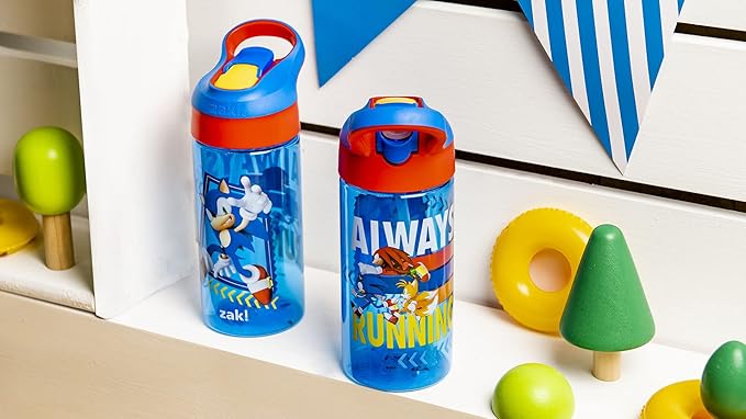 Zak Designs Sonic the Hedgehog Kids Water Bottle with Spout Cover and Built-in Carrying Loop, Made of Durable Plastic, Leak-Proof Water Bottle Design for Travel (17.5 oz, Pack of 2)