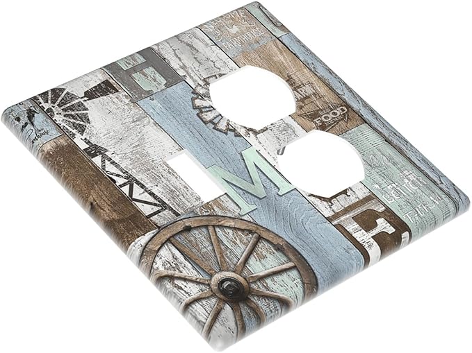 Rustic Western Barn Door Vintage Windmill Wallplates 1 Toggle 1 Duplex Switch Plate Electrical GFCI Faceplate Decorative Light Switch Covers for Farmhouse Home Decor